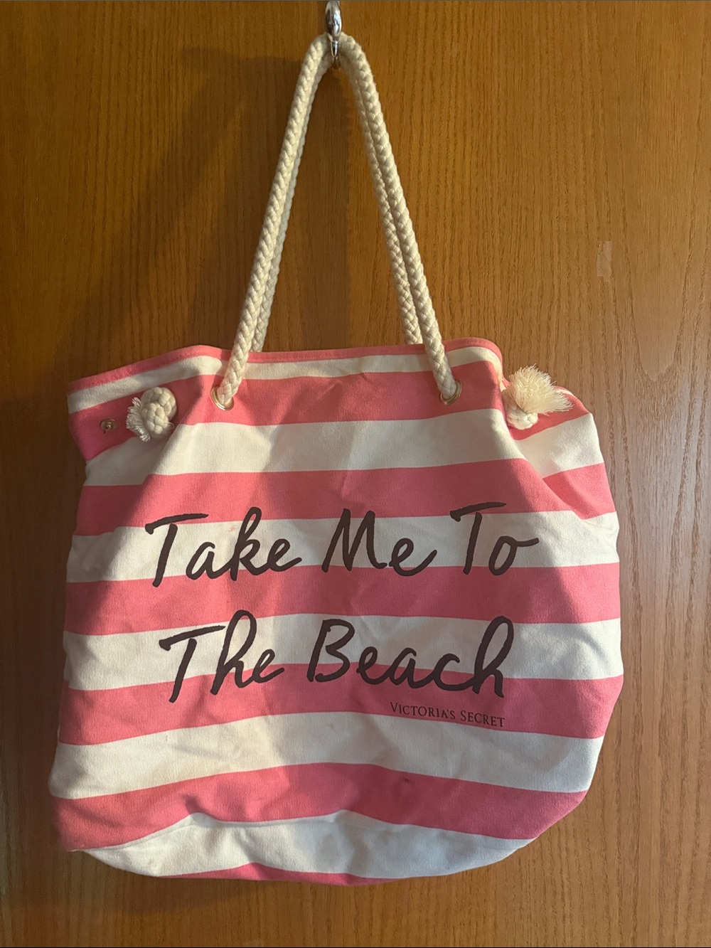 Victoria's Secret Pink and White Striped Rope-Handle Beach Tote